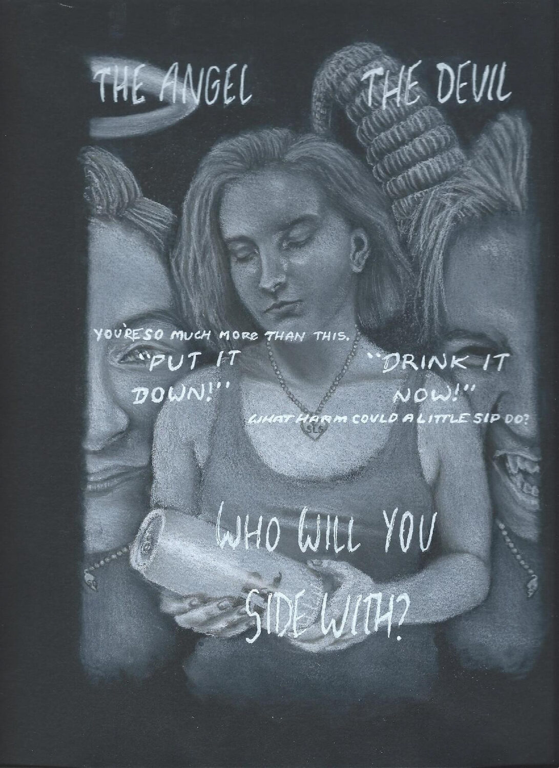 Student artwork by Haley Palise: The Angel and the Devil — which will you choose?